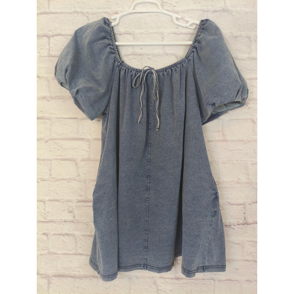 Exlura Blue Denim XL Puff Sleeve Mini Dress Cotton Blend pockets festival boho